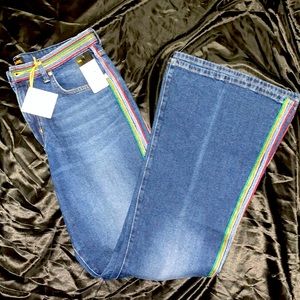Lee jeans with rainbow stitching down the side